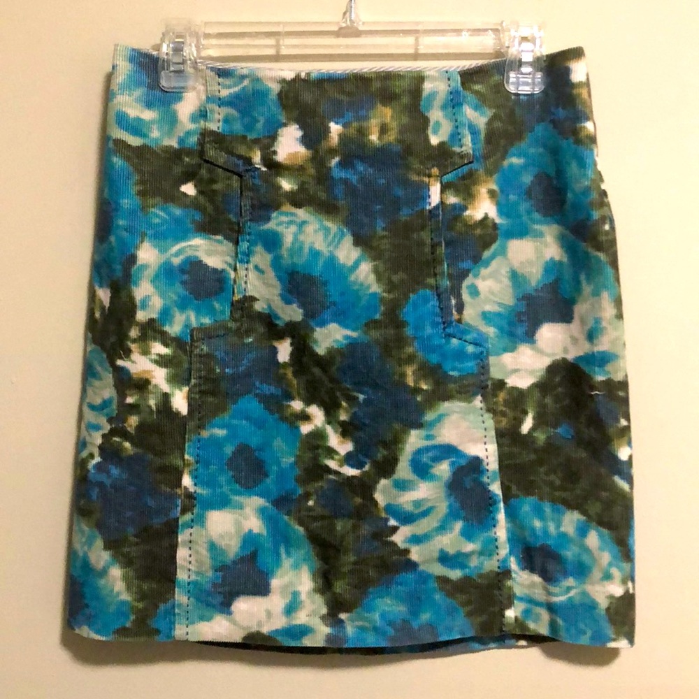 Anthropology Corduroy Skirt Postmark Floral SZ 4 Blue Green